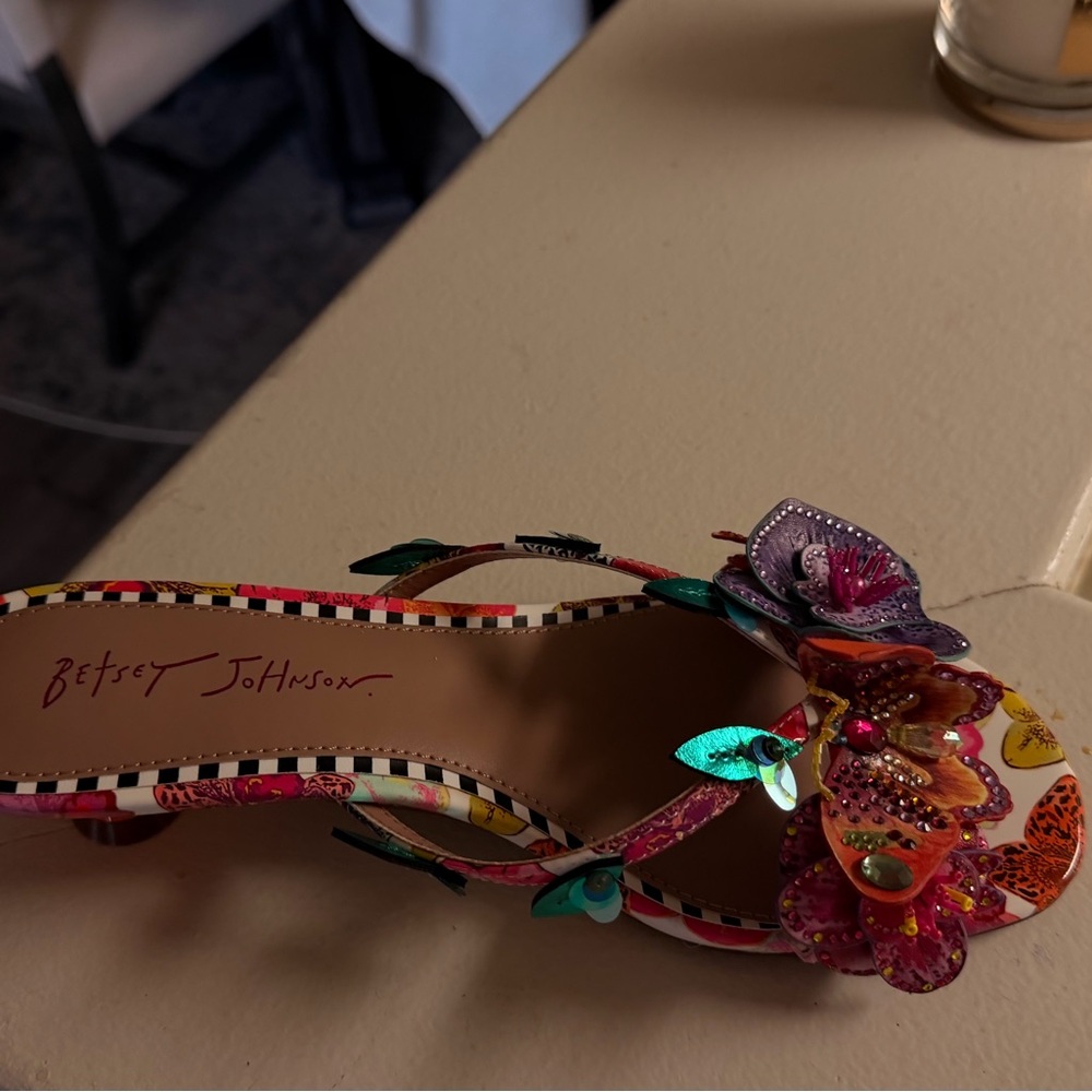 Betsey Johnson Pink Floral Slide Sandal with Orange Heel - Picture 2 of 2